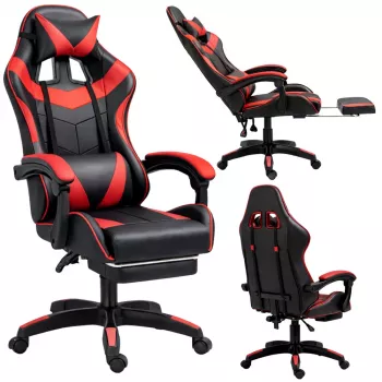 Cadeira de escritório e gaming giratória LEAN com apoio para os pés e almofadas, preta e vermelha