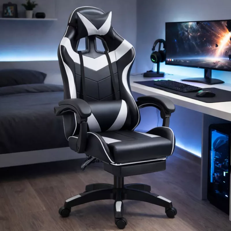 Cadeira de escritório e gaming giratória LEAN com apoio para os pés e almofadas, preta e branca