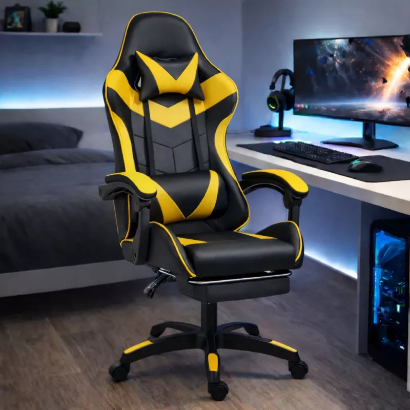 Cadeira de escritório e gaming giratória LEAN com apoio para os pés e almofadas, preta e amarela