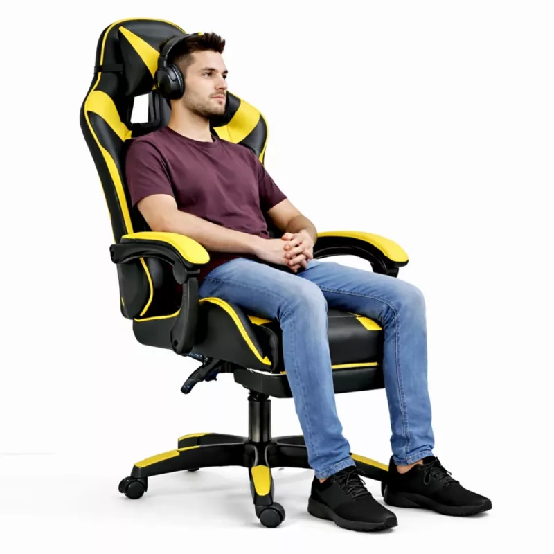 Cadeira de escritório e gaming giratória LEAN com apoio para os pés e almofadas, preta e amarela