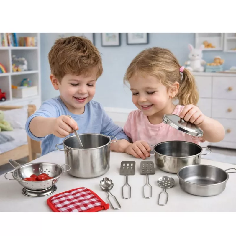 LEAN TOYS Conjunto de 15 peças de louça de cozinha de faz de conta para crianças a partir dos 3 anos | panelas, frigideiras, utensílios, pratos, canecas, tábua de corte e alimentos de brinquedo | plástico ABS multicolor | brinquedo de cozinha de faz de conta