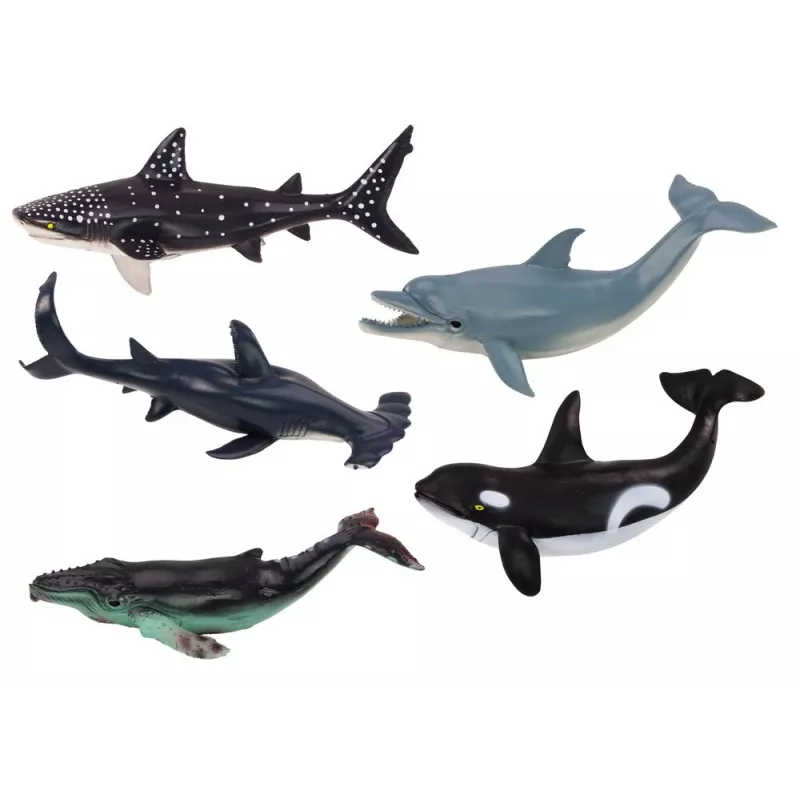 LEAN TOYS 17521 Conjunto de 6 figuras de animais marinhos - Orca, tubarão, baleia, golfinho, tartaruga e jamanta - multicolor