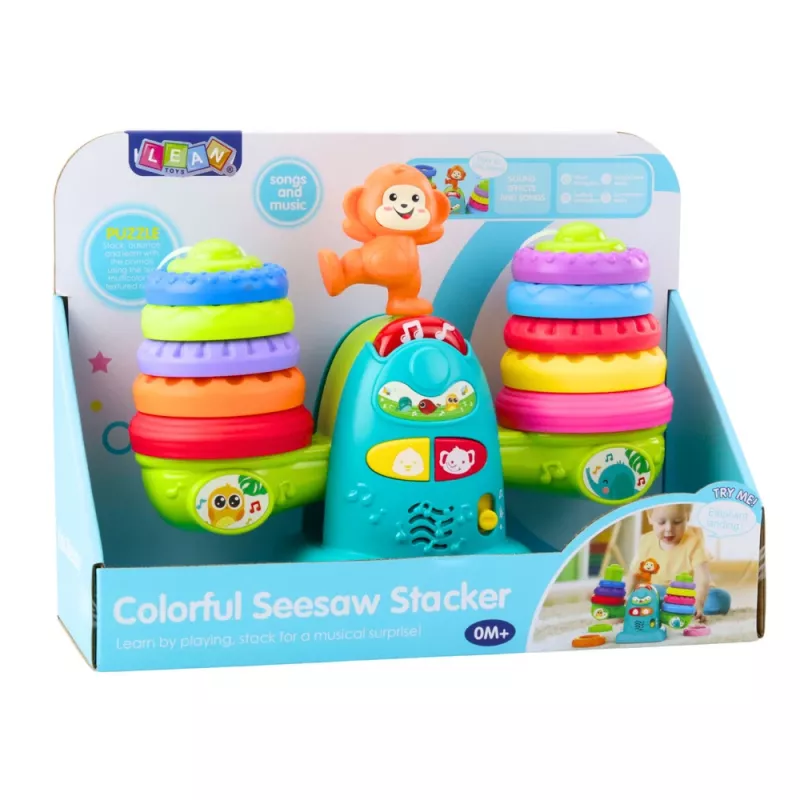 LEAN TOYS 23009 Balança de aprendizagem interativa macaco para crianças pequenas - 20 blocos, sons e melodias