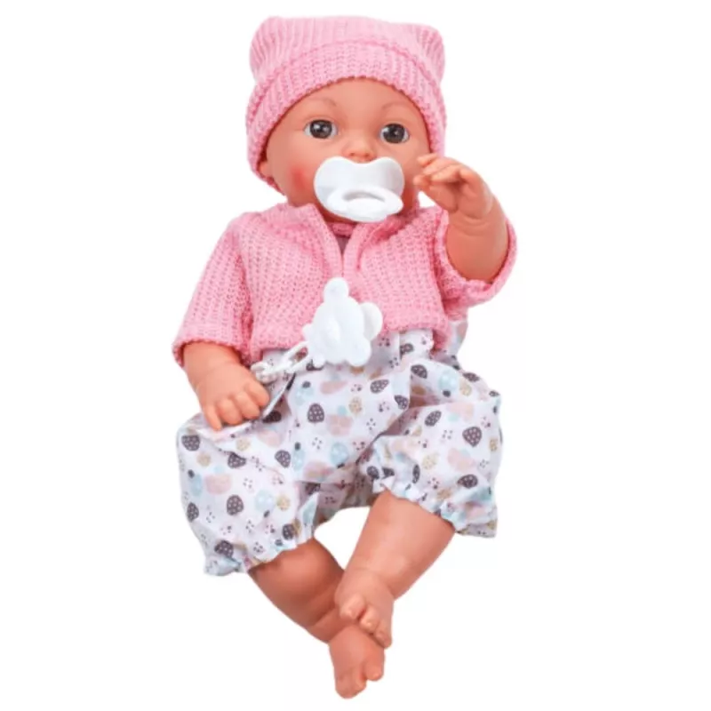 Boneca bebé LEAN TOYS 24440 com gorro, camisola e chupeta, efeitos sonoros (35 cm)