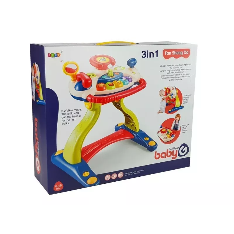 LEAN TOYS Carrinho de Bebé Interativo 3 em 1 com Volante, Som, Melodias e Motivos de Animais