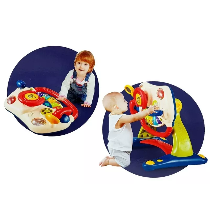 LEAN TOYS Carrinho de Bebé Interativo 3 em 1 com Volante, Som, Melodias e Motivos de Animais