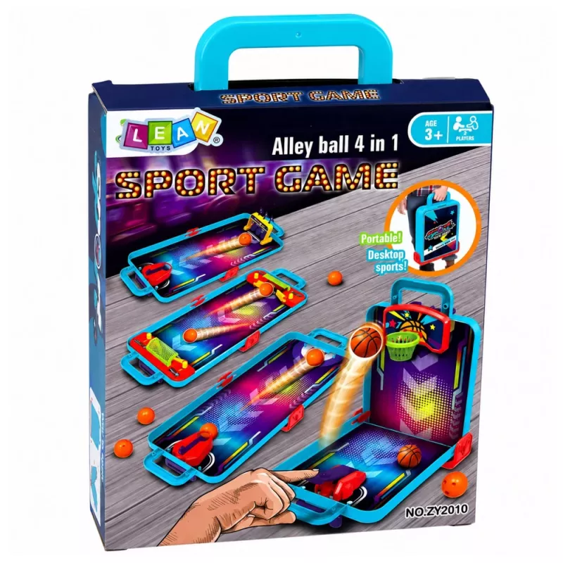 LEAN TOYS Jogo de Arcada Mini 3-em-1 – Mala portátil de basquetebol de mesa, flippers e bowling (multicor)