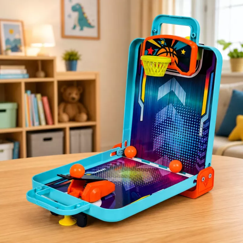LEAN TOYS Jogo de Arcada Mini 3-em-1 – Mala portátil de basquetebol de mesa, flippers e bowling (multicor)