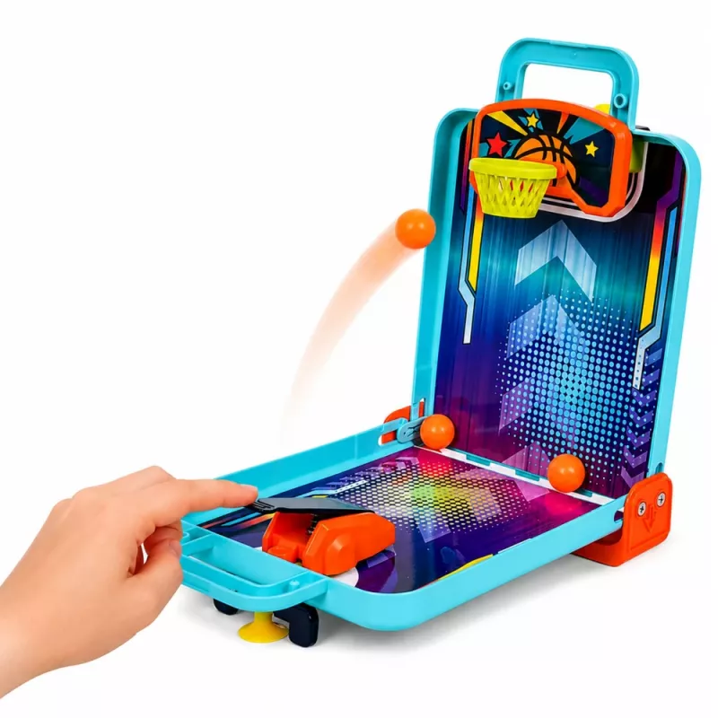 LEAN TOYS Jogo de Arcada Mini 3-em-1 – Mala portátil de basquetebol de mesa, flippers e bowling (multicor)