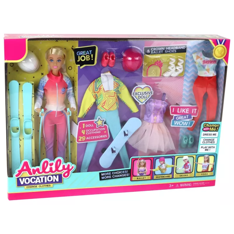LEAN TOYS Boneca Anlily Criança 4 Acessórios de Esqui Desportivos