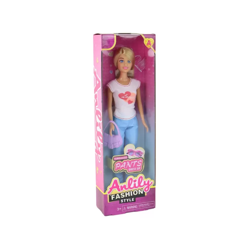 LEAN TOYS Boneca Anlily para criança com cabelo loiro comprido, mala, óculos, blusa branca