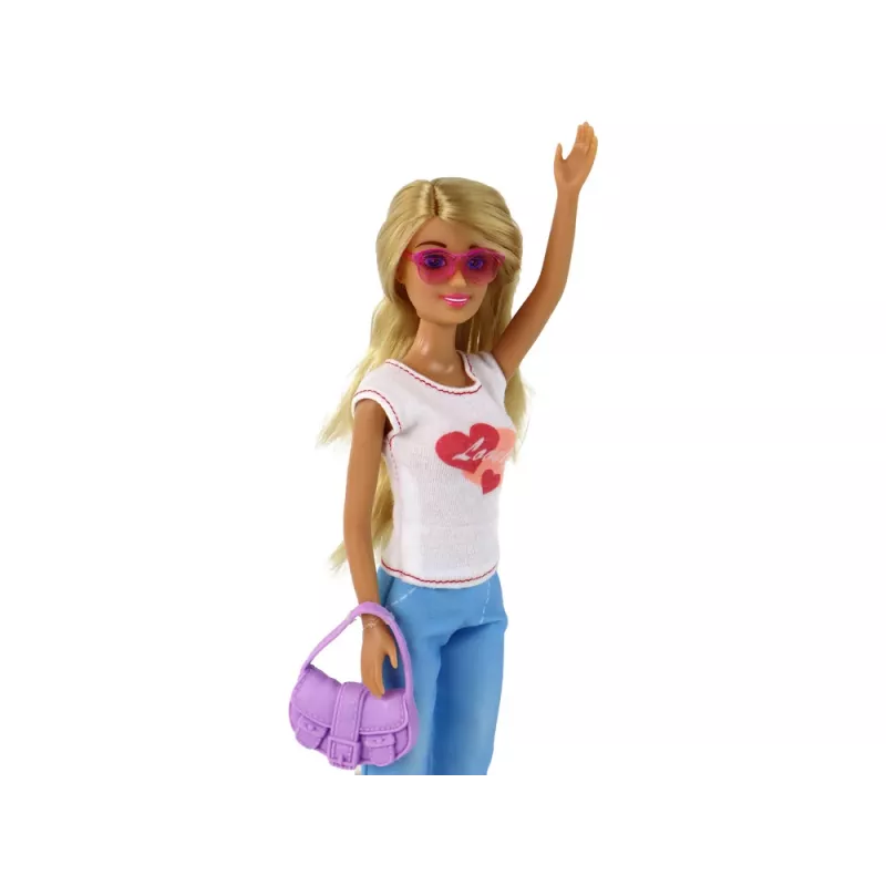 LEAN TOYS Boneca Anlily para criança com cabelo loiro comprido, mala, óculos, blusa branca