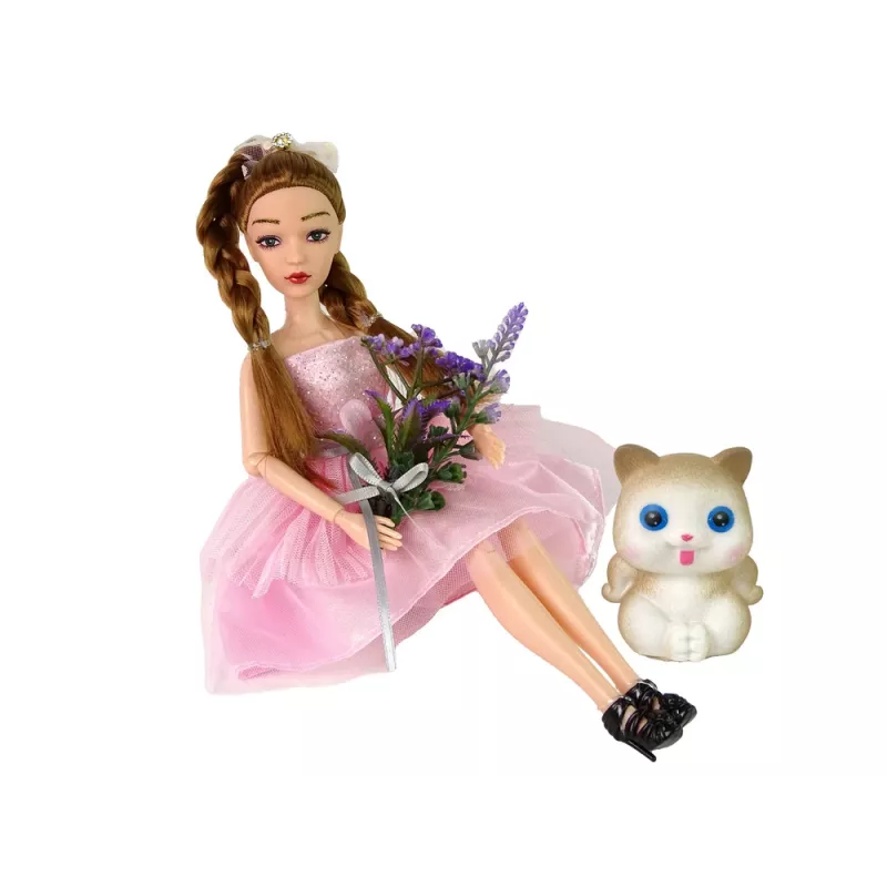 LEAN TOYS Boneca bebé Emily com tranças, gato e flores
