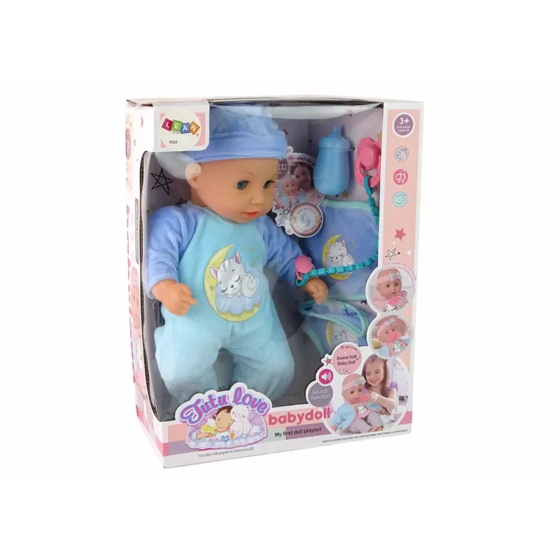 LEAN TOYS Boneca Bebé Som Chupeta Babete Pijama Gato Azul