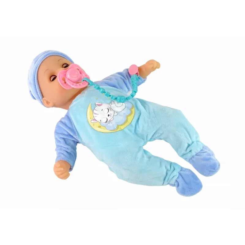 LEAN TOYS Boneca Bebé Som Chupeta Babete Pijama Gato Azul