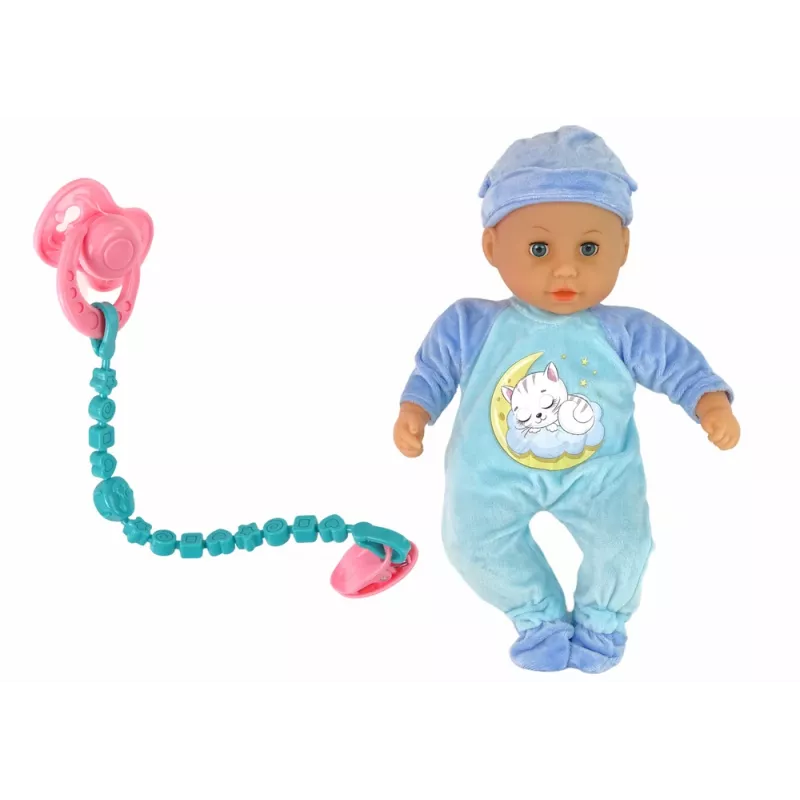 LEAN TOYS Boneca Bebé Som Chupeta Babete Pijama Gato Azul