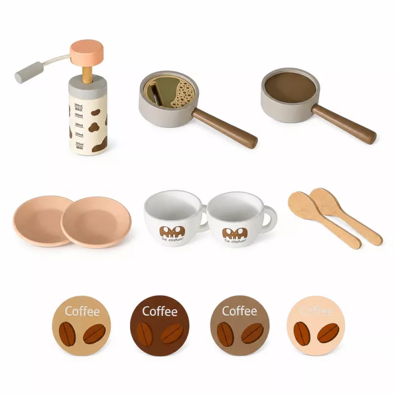 LEAN TOYS Conjunto de barista Máquina de café Acessórios de madeira rosa