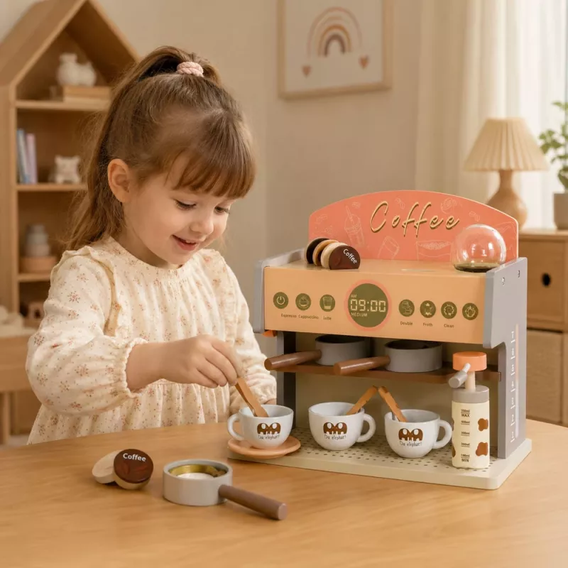 LEAN TOYS Conjunto de barista Máquina de café Acessórios de madeira rosa