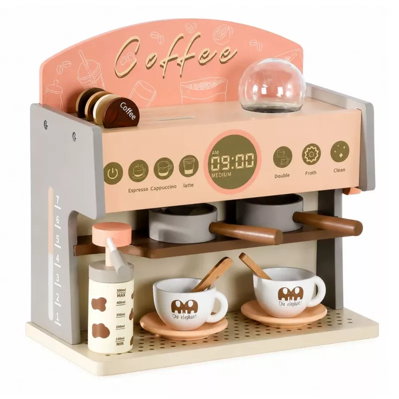 LEAN TOYS Conjunto de barista Máquina de café Acessórios de madeira rosa