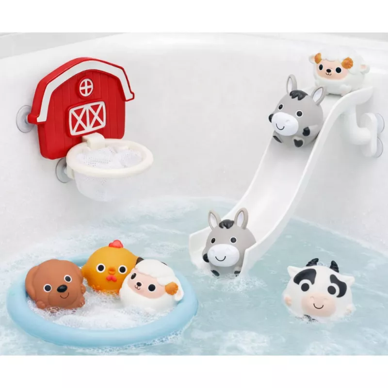 LEAN TOYS Brinquedos de banho Animais de quinta Escorrega Cesto Escorredor 10 peças