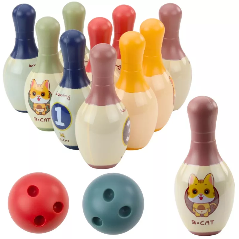 LEAN TOYS Conjunto de bowling com gatos para crianças, 10 pinos de bowling, 2 bolas coloridas