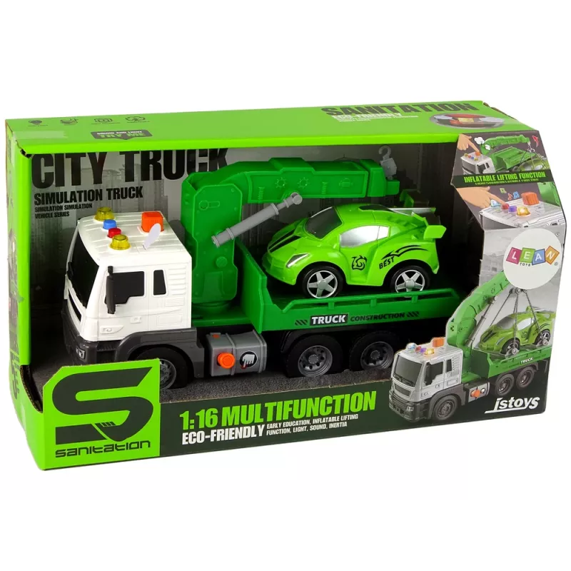 LEAN TOYS camião de reboque de assistência na estrada com transporte de carros 1:16 verde com som e luzes