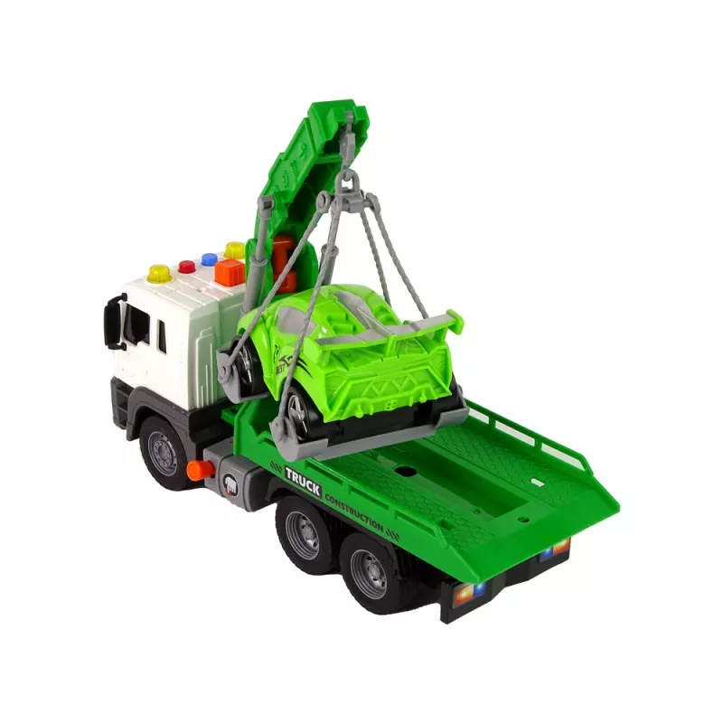LEAN TOYS camião de reboque de assistência na estrada com transporte de carros 1:16 verde com som e luzes