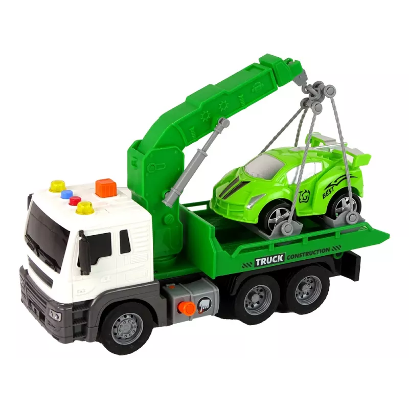 LEAN TOYS camião de reboque de assistência na estrada com transporte de carros 1:16 verde com som e luzes