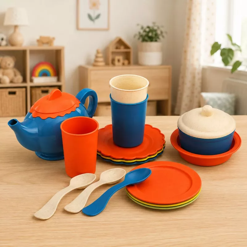 LEAN TOYS Conjunto de Louça em Fibra de Bambu para Crianças, Azul e Laranja, 15 peças