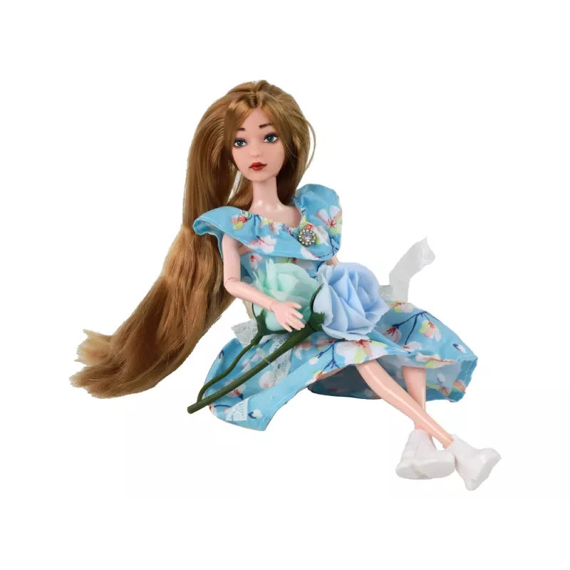 LEAN TOYS Boneca para criança Emily primavera com cabelo comprido e vestido azul com flores