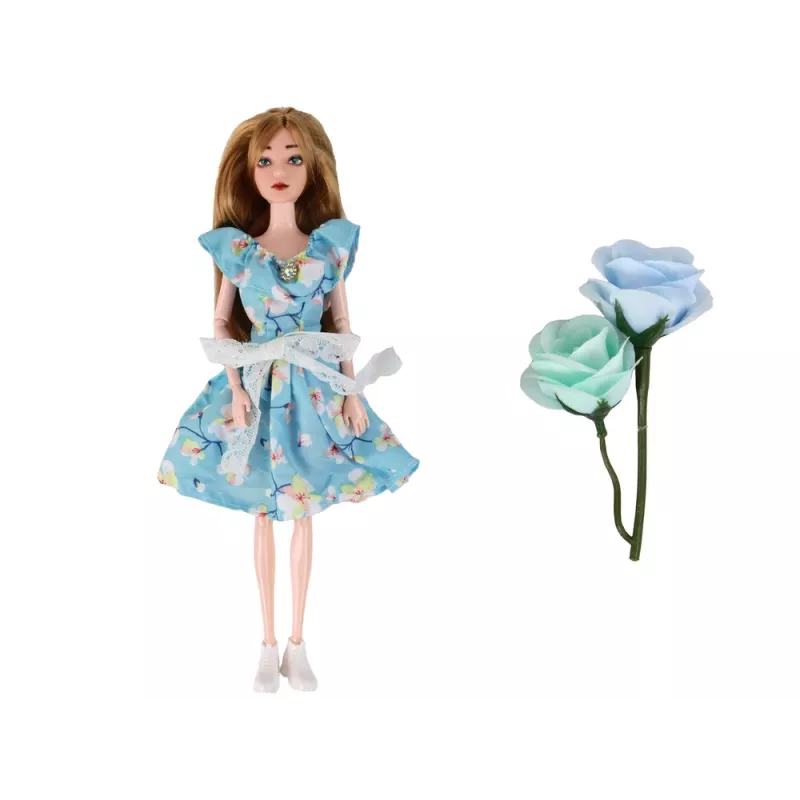 LEAN TOYS Boneca para criança Emily primavera com cabelo comprido e vestido azul com flores