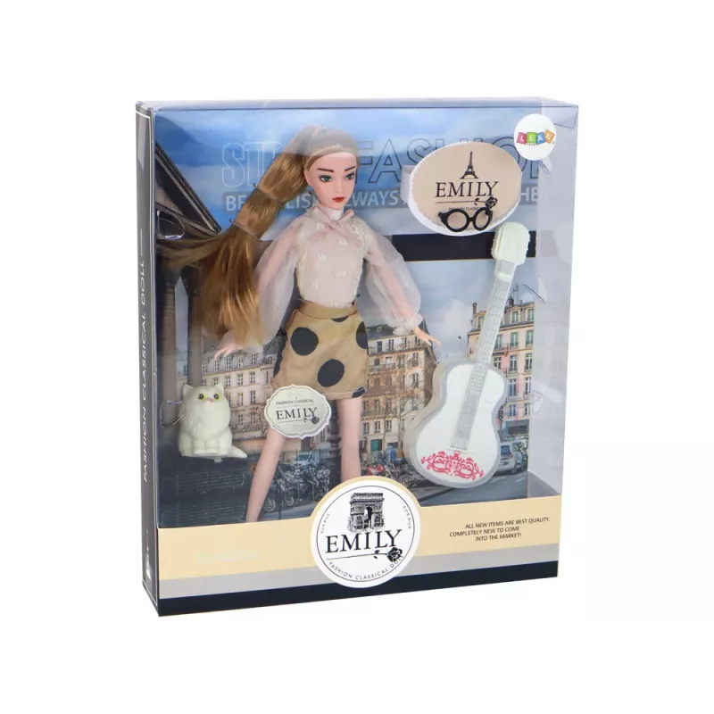 LEAN TOYS Boneca para criança Emily com guitarra, óculos, cabelo loiro comprido e gatinho