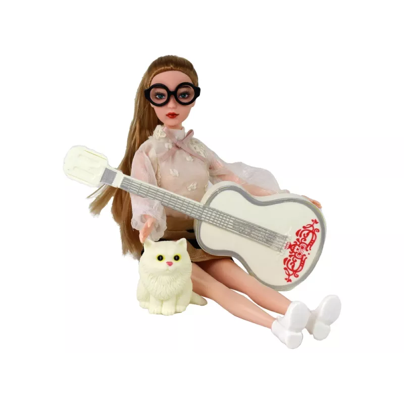 LEAN TOYS Boneca para criança Emily com guitarra, óculos, cabelo loiro comprido e gatinho
