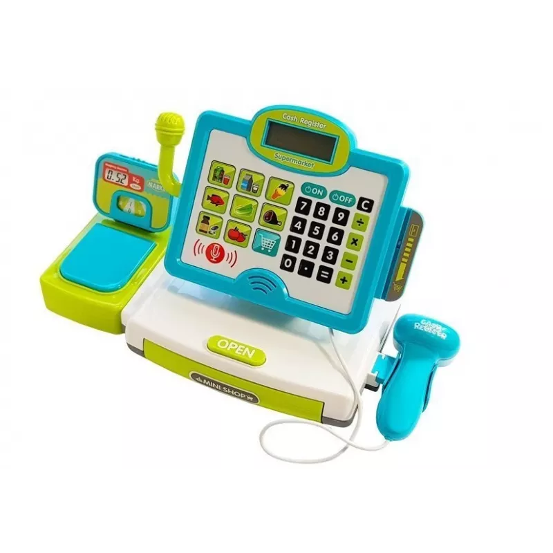 Caixa registadora eletrónica para criança LEAN TOYS com cesto - azul, calculadora funcional, luz e som, 25 acessórios, a partir dos 3 anos