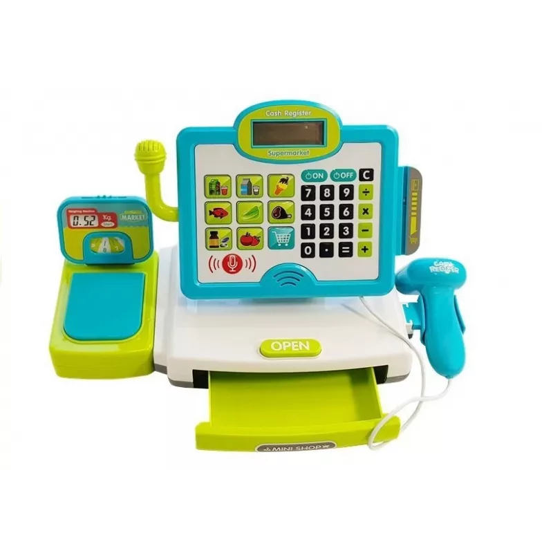 Caixa registadora eletrónica para criança LEAN TOYS com cesto - azul, calculadora funcional, luz e som, 25 acessórios, a partir dos 3 anos