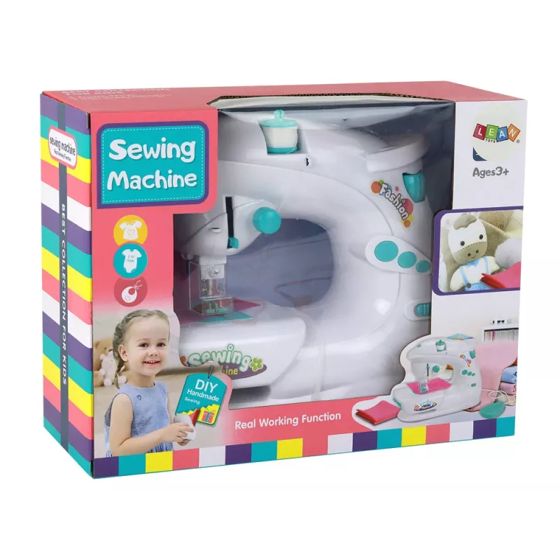 Máquina de costura para crianças Lean Toys - branco, a pilhas, brinquedo realista com pedal e luz LED