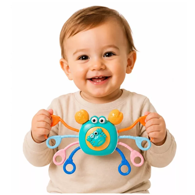 LEAN TOYS Brinquedo sensorial caranguejo para bebés chocalho mordedor azul