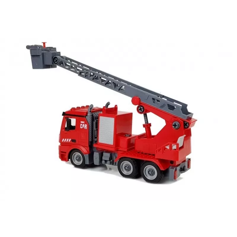 LEAN TOYS Carro de bombeiros DIY 2em1 Kit com escada amovível, chave de fendas, efeitos sonoros e luminosos, capacete