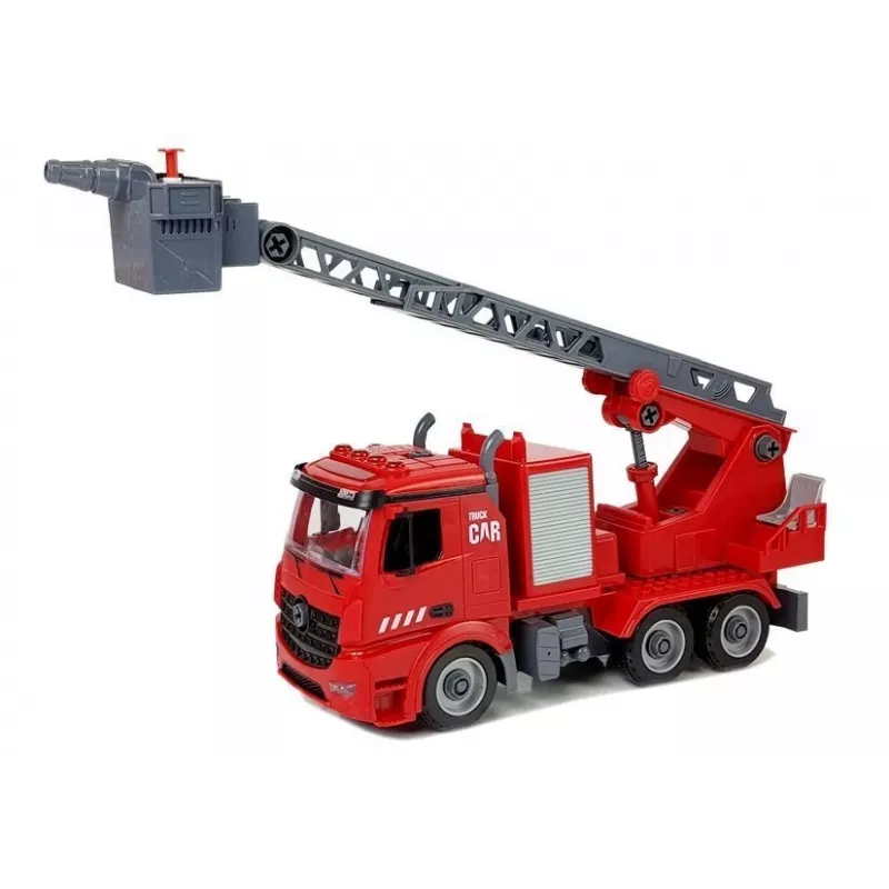 LEAN TOYS Carro de bombeiros DIY 2em1 Kit com escada amovível, chave de fendas, efeitos sonoros e luminosos, capacete