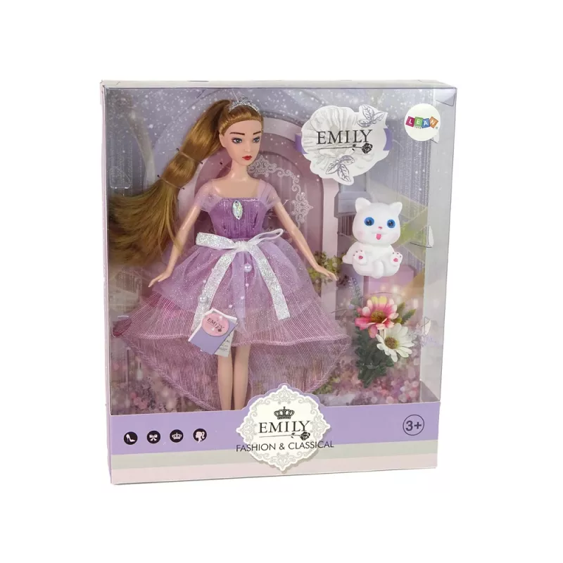 LEAN TOYS Boneca bebé Emily de cabelo comprido com gato branco