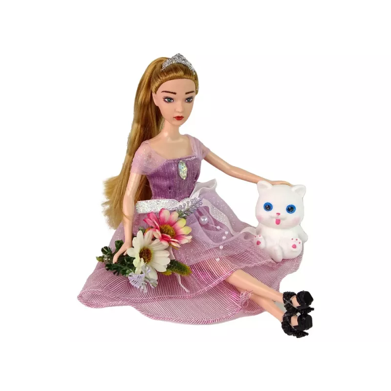 LEAN TOYS Boneca bebé Emily de cabelo comprido com gato branco