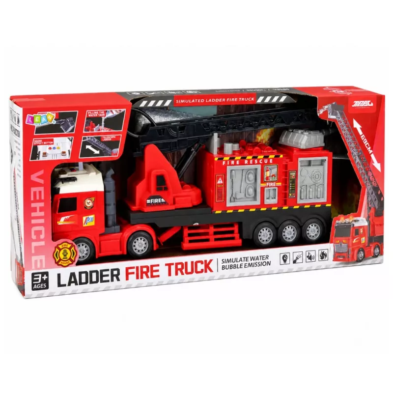 LEAN TOYS Carro de bombeiros com escada extensível até 69 cm, luz, som e canhão de água