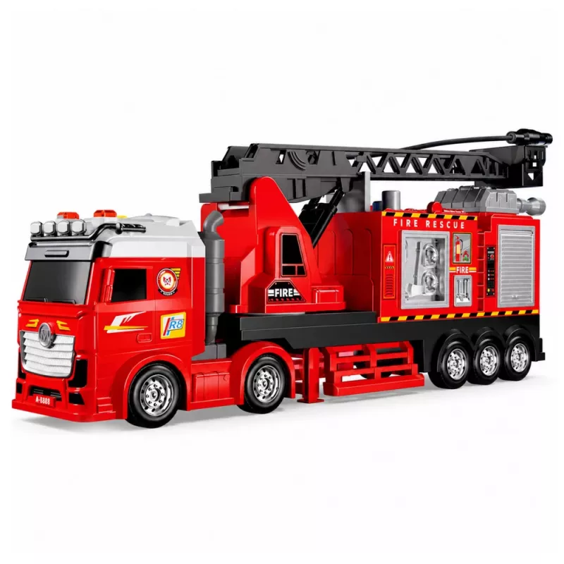 LEAN TOYS Carro de bombeiros com escada extensível até 69 cm, luz, som e canhão de água