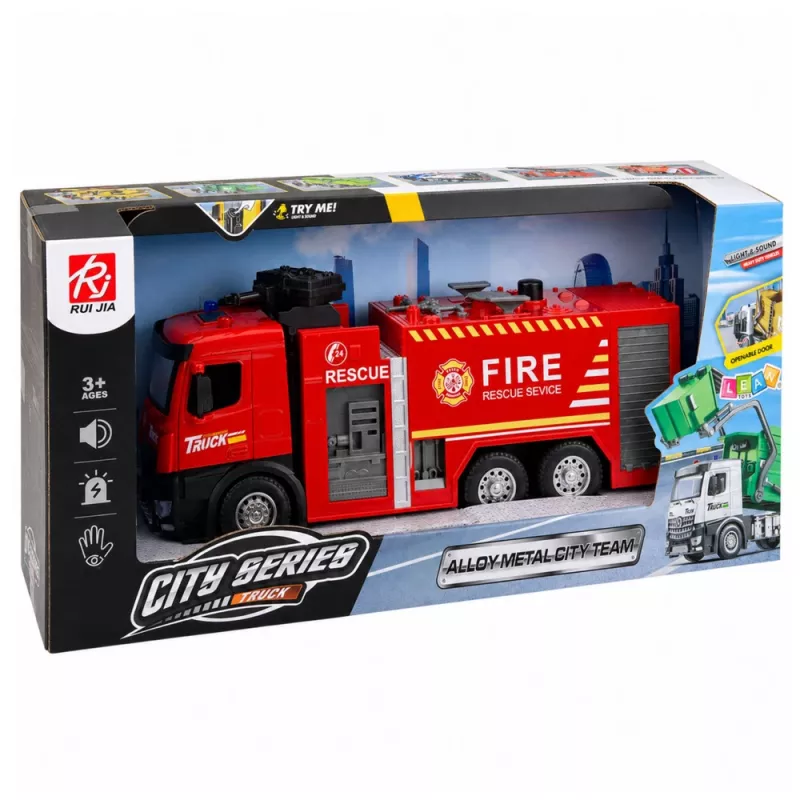 Camião de bombeiros com função de água, cabine metálica, luzes, sons 1:12 da LEAN TOYS