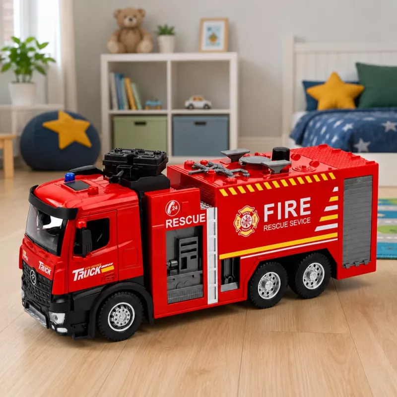Camião de bombeiros com função de água, cabine metálica, luzes, sons 1:12 da LEAN TOYS