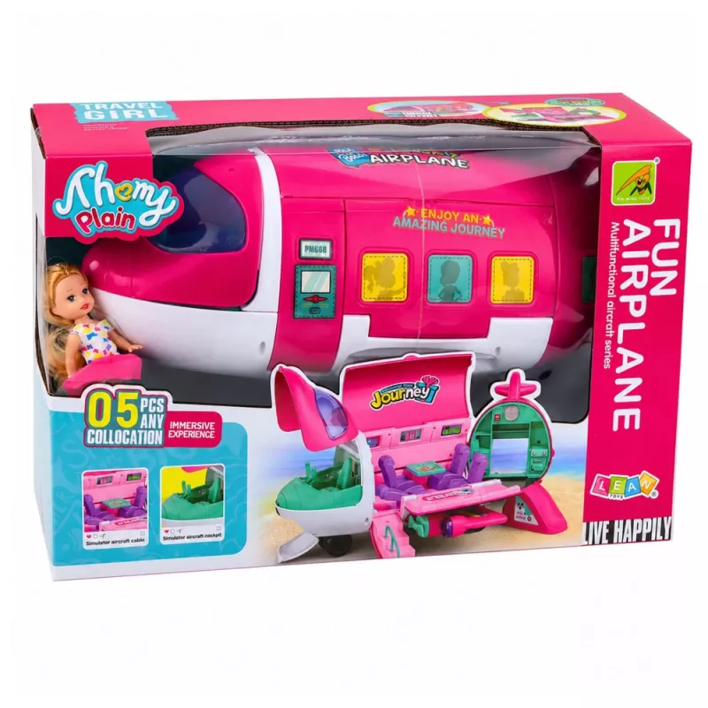 LEAN TOYS Avião de passageiros 2 em 1 dobrável rosa – conjunto de brincar de casa de bonecas transformável para bonecas de 30 cm