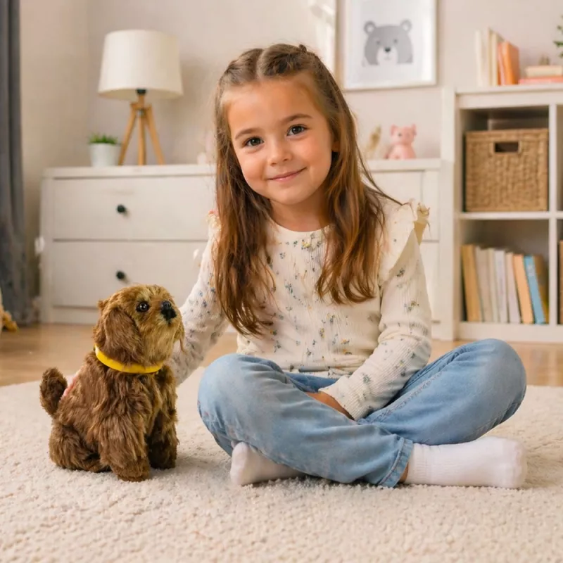 LEAN TOYS Cão de Peluche Interativo com Pelo Macio - Faça Festas na Cabeça e Aprenda as suas Funções