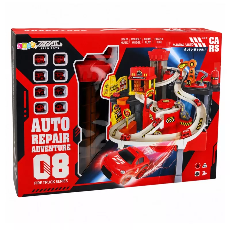 LEAN TOYS parque de estacionamento interativo com lavagem automóvel e oficina – conjunto de bombeiros com 8 carros
