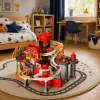 LEAN TOYS parque de estacionamento interativo com lavagem automóvel e oficina – conjunto de bombeiros com 8 carros