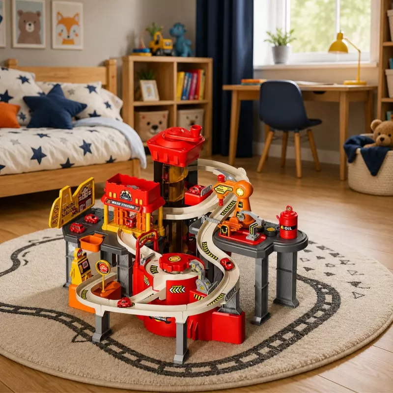 LEAN TOYS parque de estacionamento interativo com lavagem automóvel e oficina – conjunto de bombeiros com 8 carros